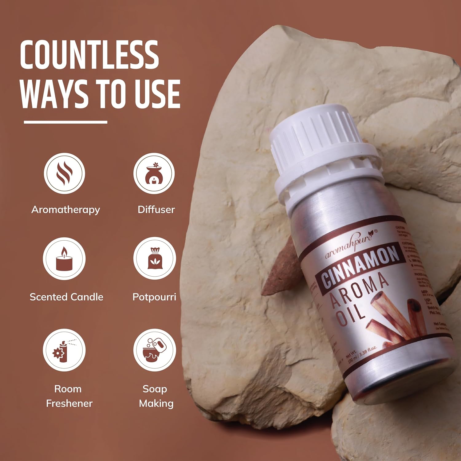 Cinnamon aroma oil bottle with usage icons on a brown background