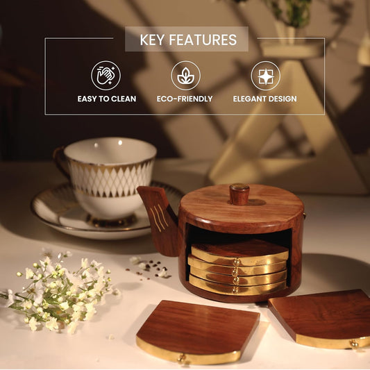 Orren Living 100% Sheesham Wood Coaster Set with Kettle-Shaped Stand – 6 Gold-Accented Coasters, Eco-Friendly, Durable & Easy to Clean – Elegant Addition to Any Coffee Table or Dining Area
