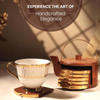 Orren Living 100% Sheesham Wood Coaster Set with Kettle-Shaped Stand – 6 Gold-Accented Coasters, Eco-Friendly, Durable & Easy to Clean – Elegant Addition to Any Coffee Table or Dining Area