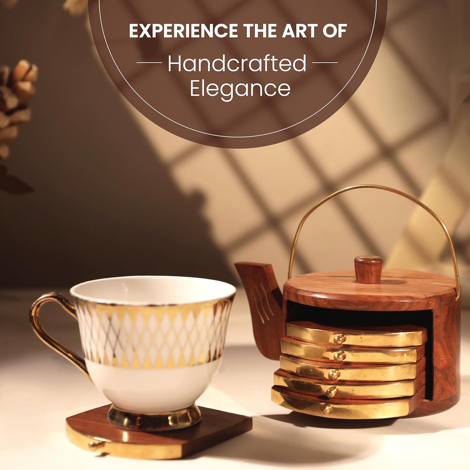 Orren Living 100% Sheesham Wood Coaster Set with Kettle-Shaped Stand – 6 Gold-Accented Coasters, Eco-Friendly, Durable & Easy to Clean – Elegant Addition to Any Coffee Table or Dining Area