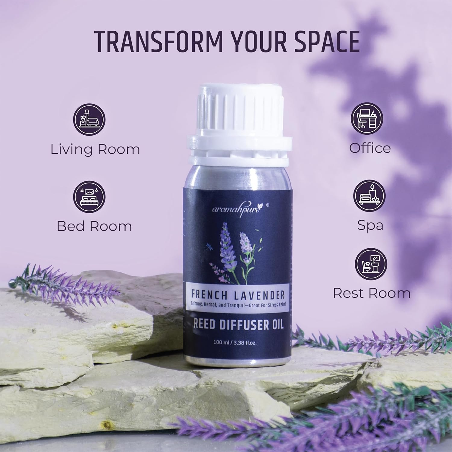 Use Lavender fragrance oil with diffuser at living room, bedroom, office, spa & more.