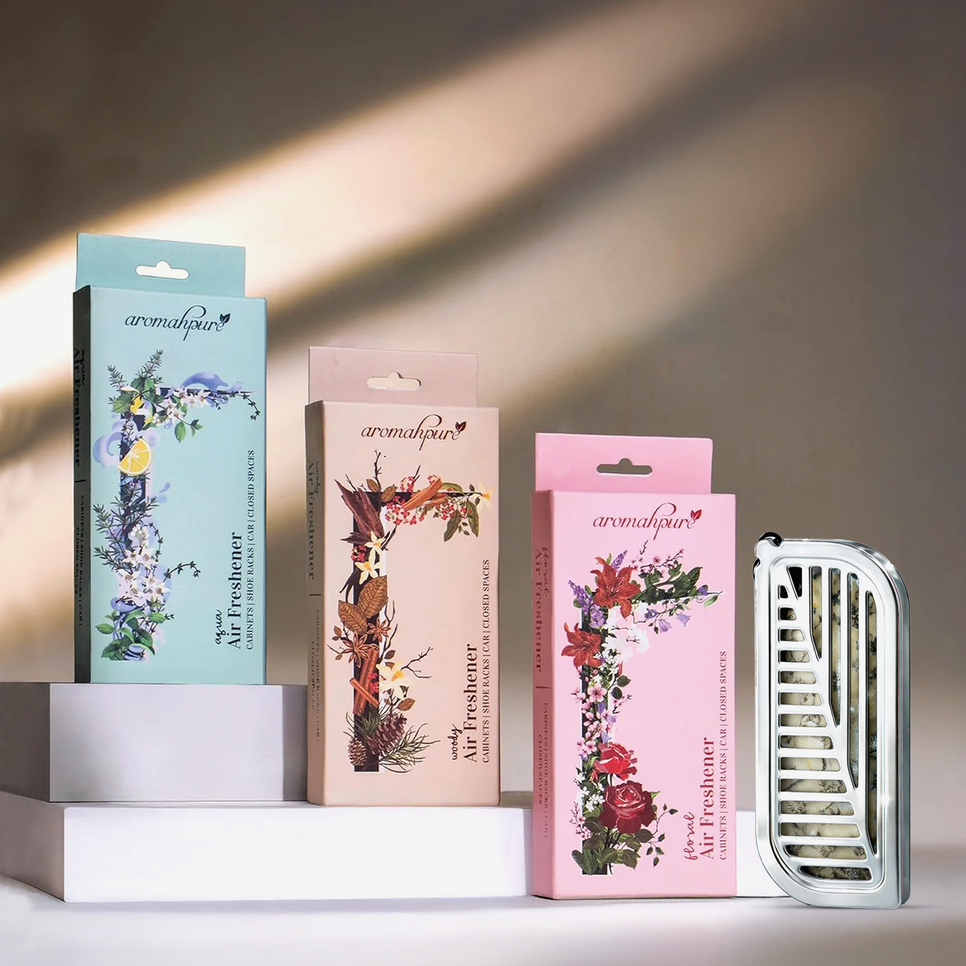 Aromahpure Closair available in Woody, Aqua and Floral fragrances
