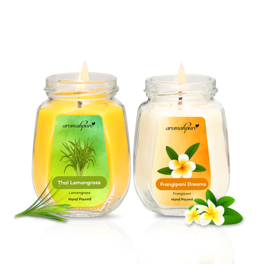 Aromahpure Soy Wax Big Octa Jar Candle, 84 Hours Burning Time Guaranteed (Thai Lemongrass, Frangipani Dreams)