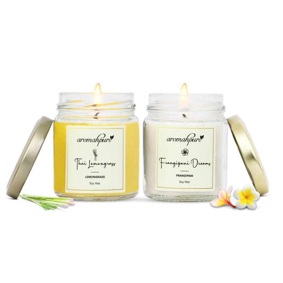 Soy Wax Big Round Jar Candles, 90 Hours Burning Time Guaranteed (Thai Lemongrass, Frangipani Dreams)