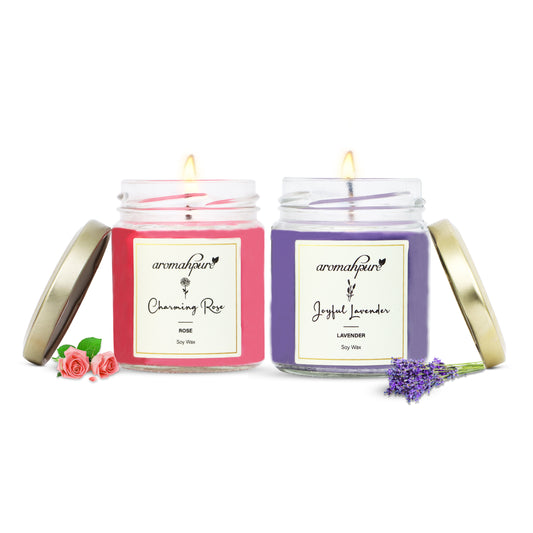 Aromahpure Soy Wax Big Round Jar Candles, 90 Hours Burning Time Guaranteed (Charming Rose, Joyful Lavender)