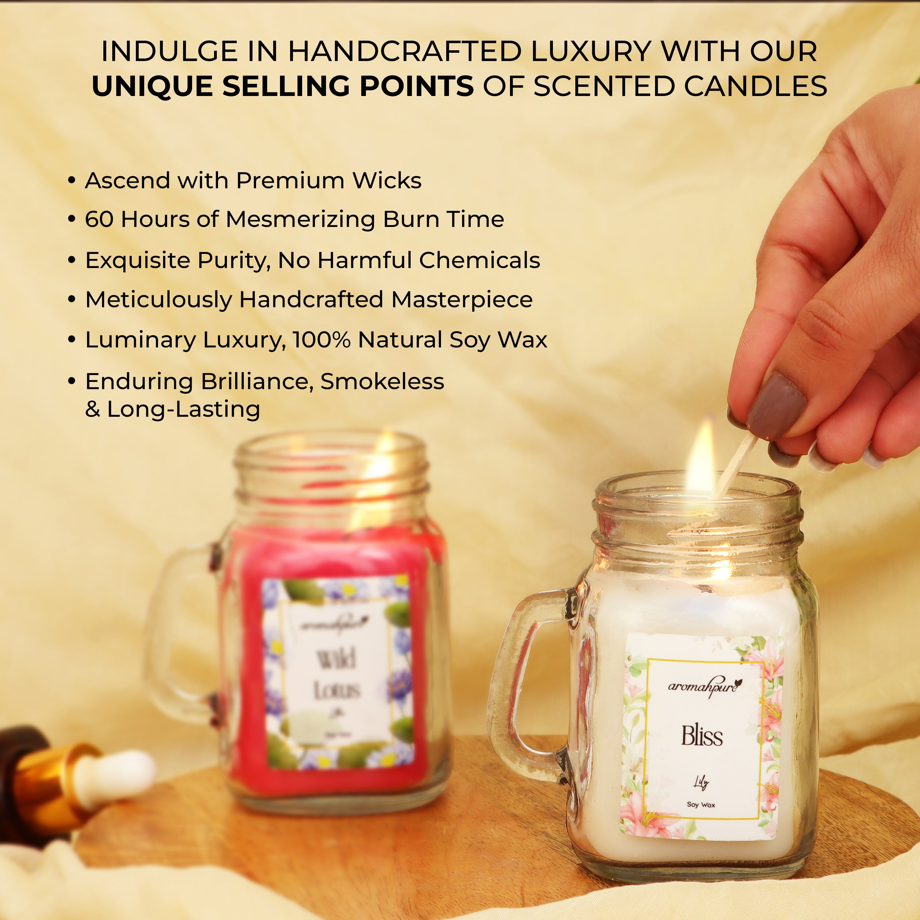 Aromahpure Soy Wax, Mason Jar Candles, 60 Hours Burning Time Gauranteed (Wild lotus, Bliss)