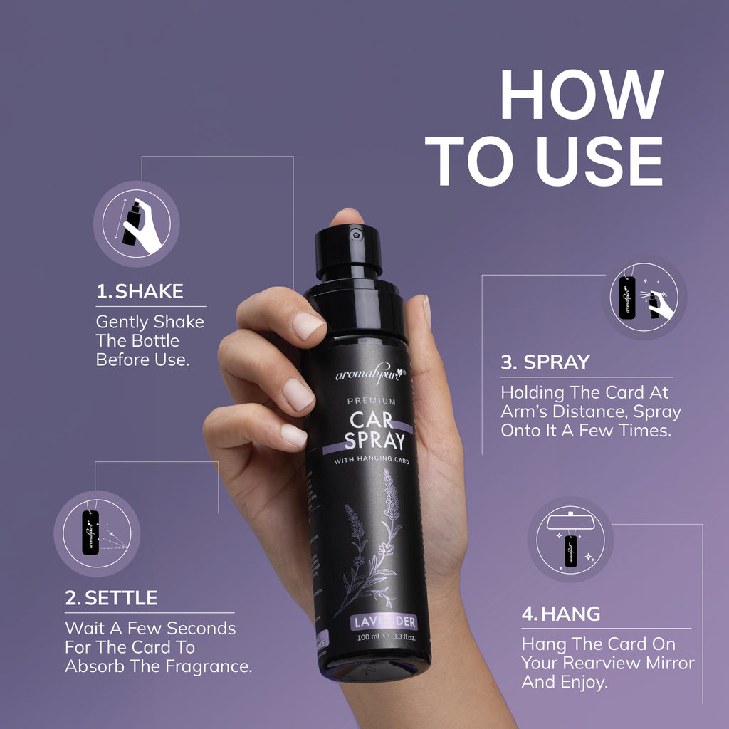 Hand holding a car spray bottle with usage instructions on a purple background