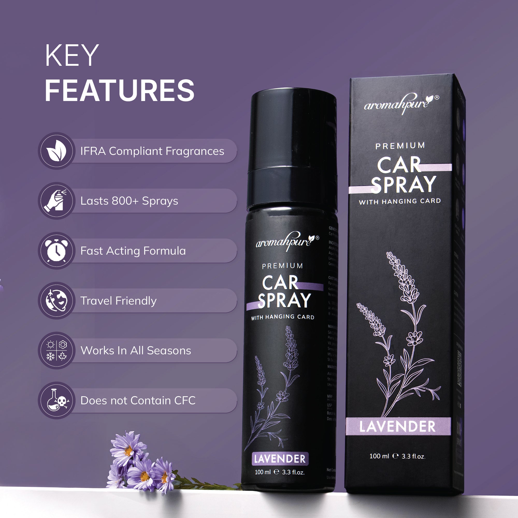 Key features of Aromahpure Premium Lavender Car perfume spray with hanging card