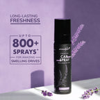 Car spray bottle with lavender flowers on a purple background