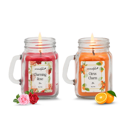 Aromahpure Soy Wax, Mason Jar Candles, 60 Hours Burning Time Gauranteed (Citrus Charm, Charming Rose)