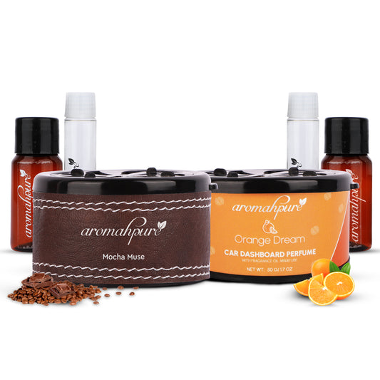 Aromahpure Dashboard Car Perfume with 50 ML Miniature Fragrance Oil (Coffee, Orange)