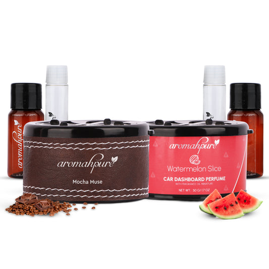 Aromahpure Dashboard Car Perfume with 50 ML Miniature Fragrance Oil (Coffee, Watermelon)