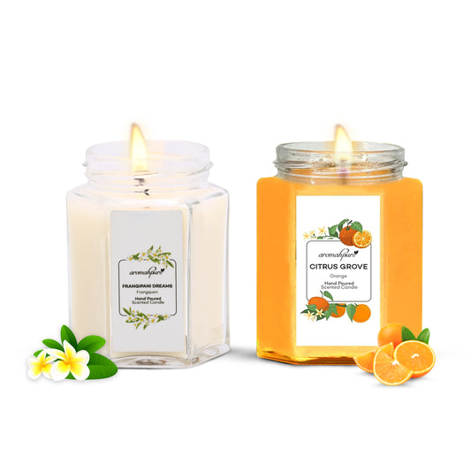 Aromahpure Soy Wax Hexa Jar Candle, 96 Hours Burning Time Guaranteed (Frangipani Dreams, Orange)