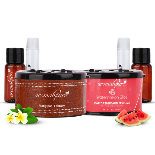 Aromahpure Dashboard Car Perfume with 50 ML Miniature Fragrance Oil (Frangipani, Watermelon)