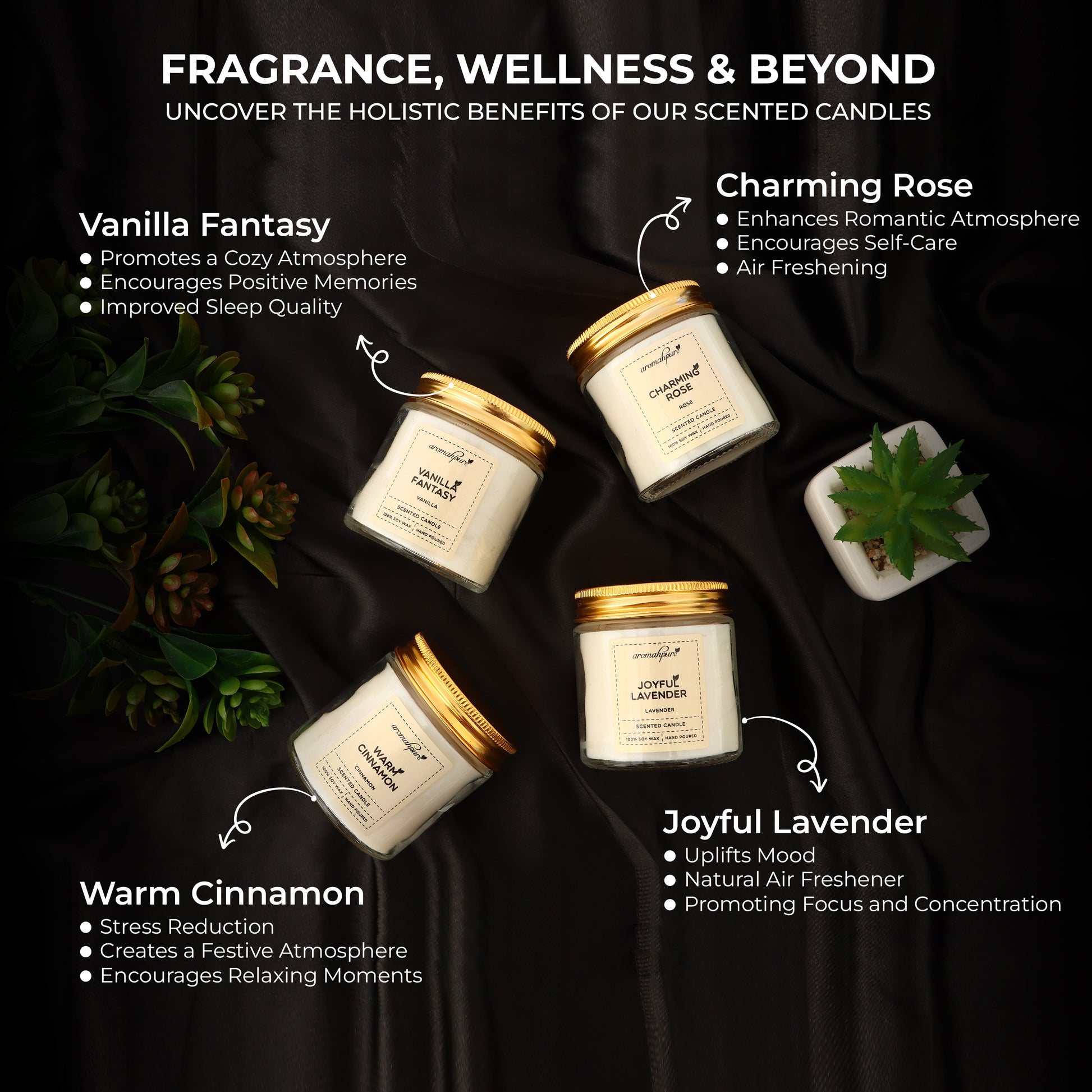 Golden Screw Jar Candle Pack of 4 Fragrances - Vanilla, Rose, Cinnamon & Lavender