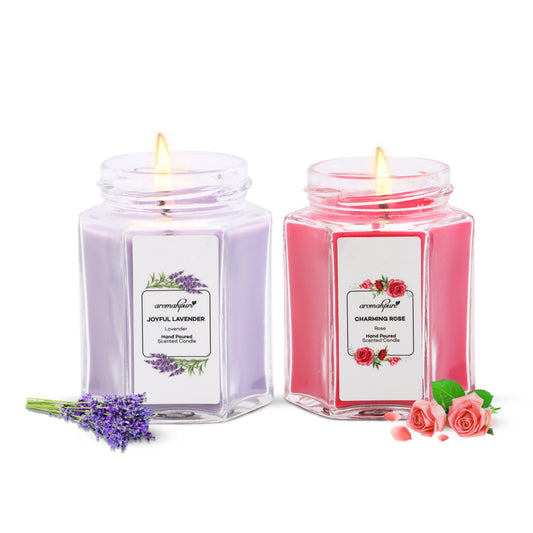 Aromahpure Soy Wax Hexa Jar Candle, 96 Hours Burning Time Guaranteed (Joyful Lavender, Charming Rose)