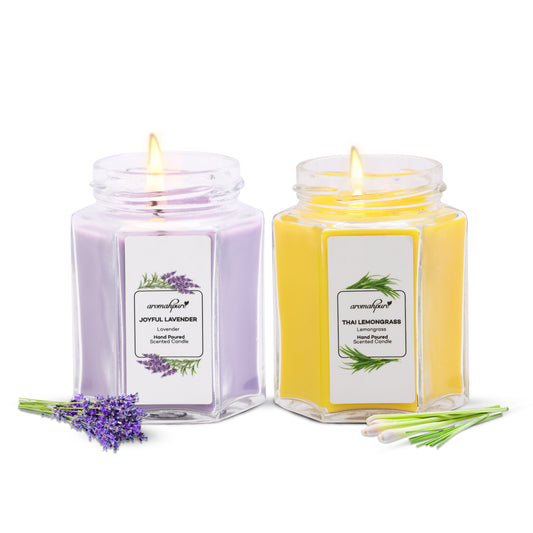 Aromahpure Soy Wax Hexa Jar Candle, 96 Hours Burning Time Guaranteed (Thai Lemongrass, Joyful Lavender)