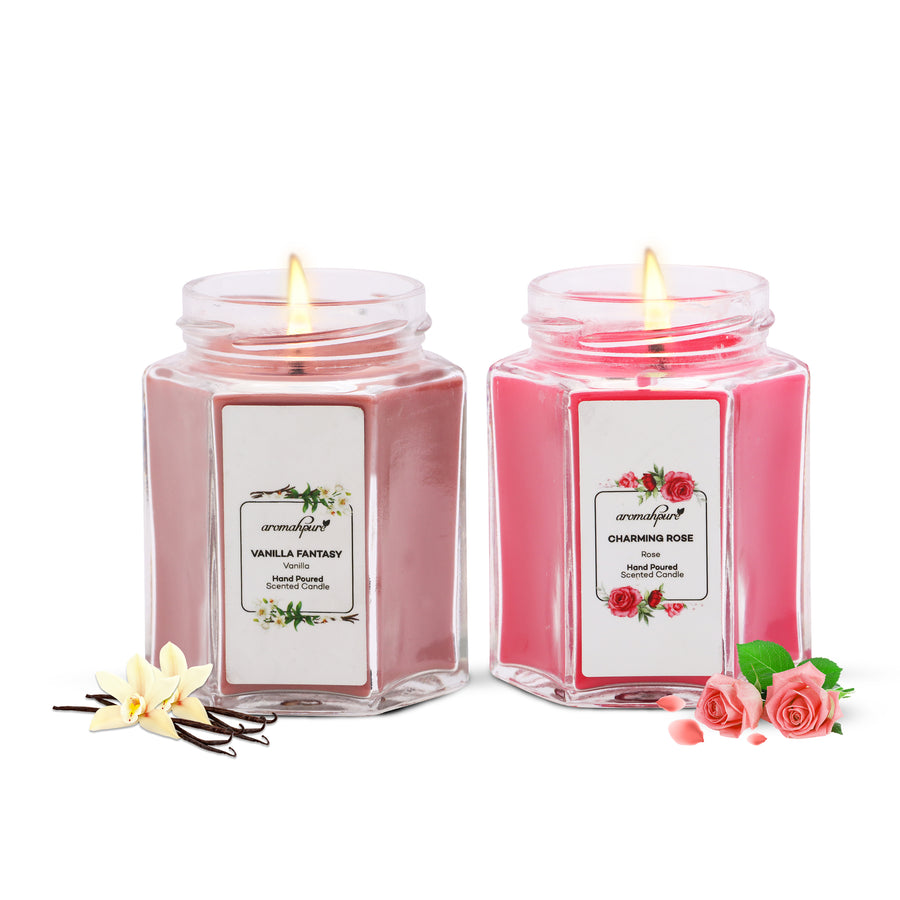 Soy Wax Hexa Jar Candle, 96 Hours Burning Time Guaranteed | Charming Rose & Vanilla Fantasy)