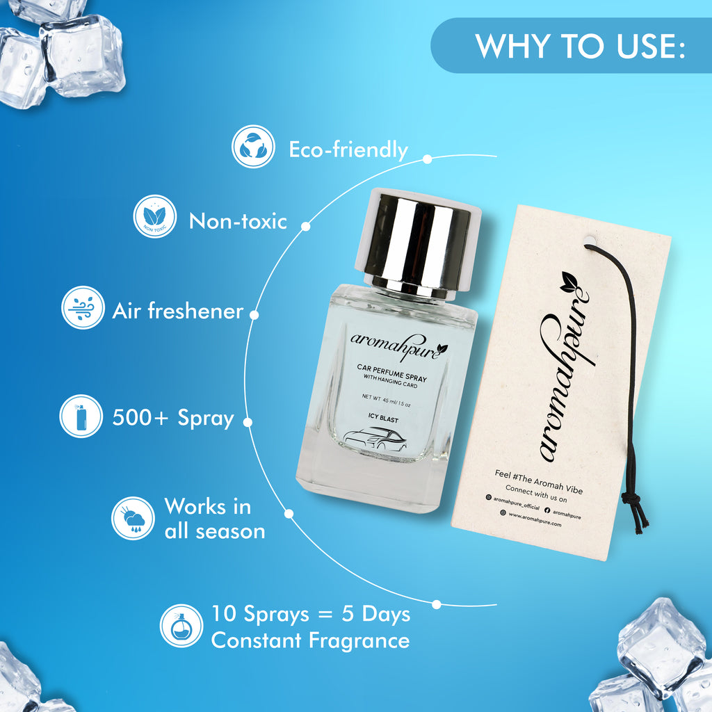 Icy Blast Car Perfume Spray with Hanging Card | Refreshing | 45ml | 500+ sprays | Long Lasting | Air Freshener for Car Interior