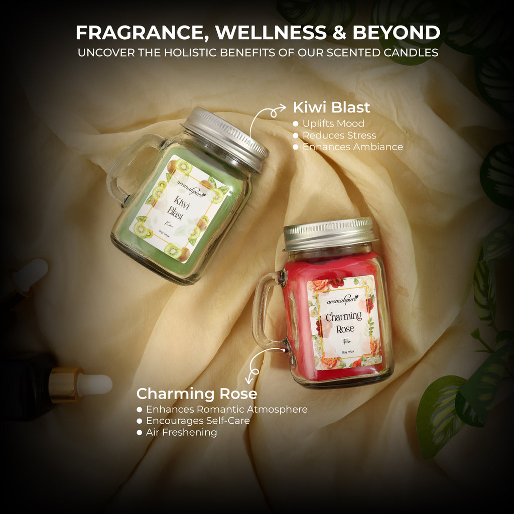 Aromahpure Soy Wax, Mason Jar Candles, 60 Hours Burning Time Gauranteed (Charming rose, Kiwi blast)