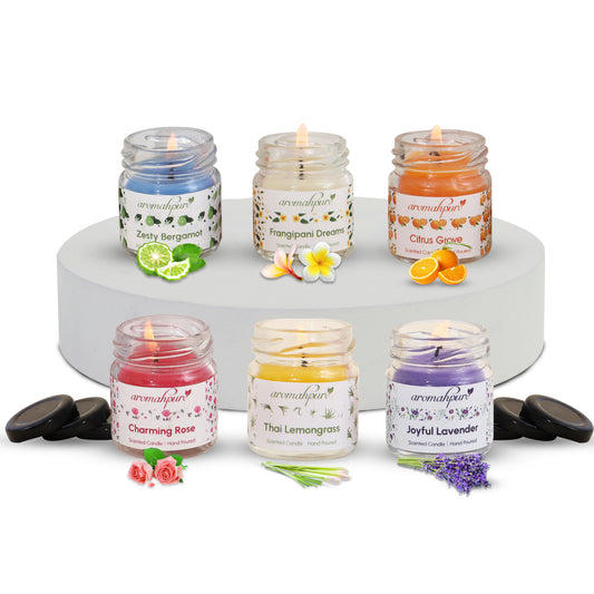 Aromahpure Soy Wax Round Jar Candles, 60 Hours Burning Time Guaranteed (Assorted) (Pack of 6)