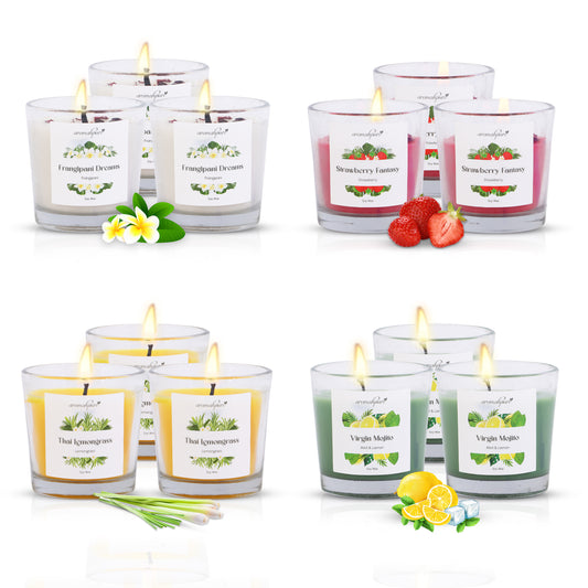 Aromahpure Soy Wax 4B Jar Candle (Strawberry Fantasy, Frangipani Dreams, Thai Lemongrass, Virgin Mojito Scented Candle) - Pack of 12