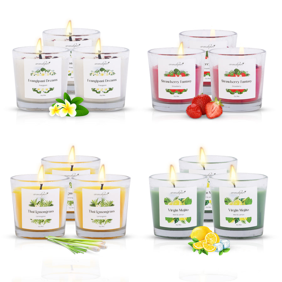 Soy Wax 4B Jar Candle | Strawberry Fantasy, Frangipani Dreams, Thai Lemongrass, Virgin Mojito Scented Candles - Pack of 12