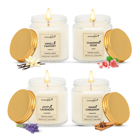 Aromahpure Soy Wax, Golden Screw Jar Candles, 55 Hours Burning Time Gauranteed (Vanilla Fantasy, Charming Rose, Warm Cinnamon, Joyful Lavender)