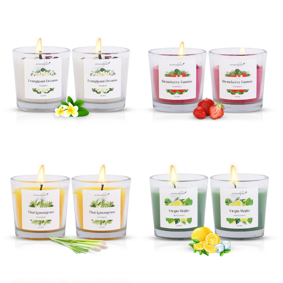 Soy Wax 4B Jar Candle | Strawberry Fantasy, Frangipani Dreams, Thai Lemongrass, Virgin Mojito Scented Candles - Pack of 8