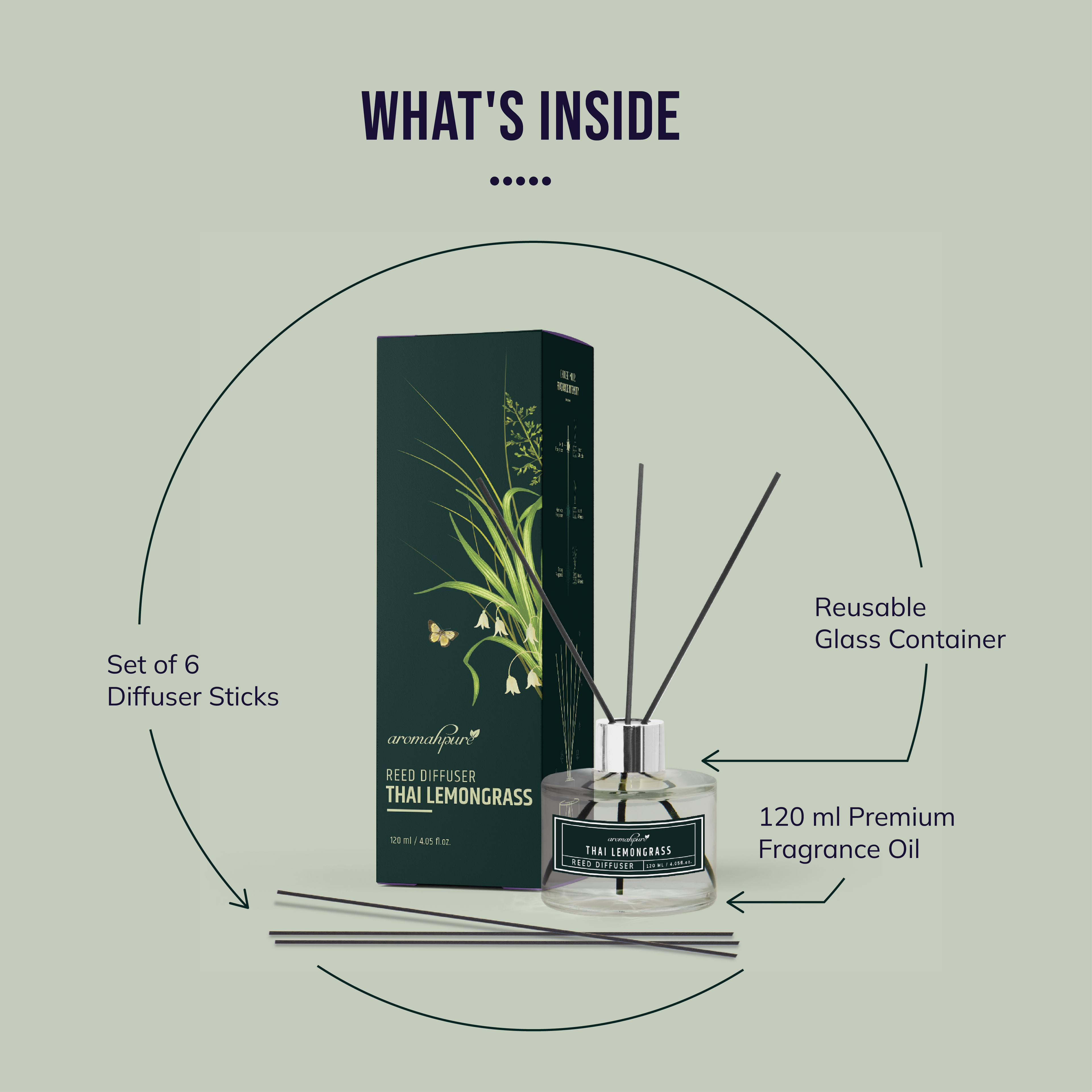 Inside the Box - Reusable Closs Container, et of 6 reed sticks & Premium long lasting 120 ml fragrance oil