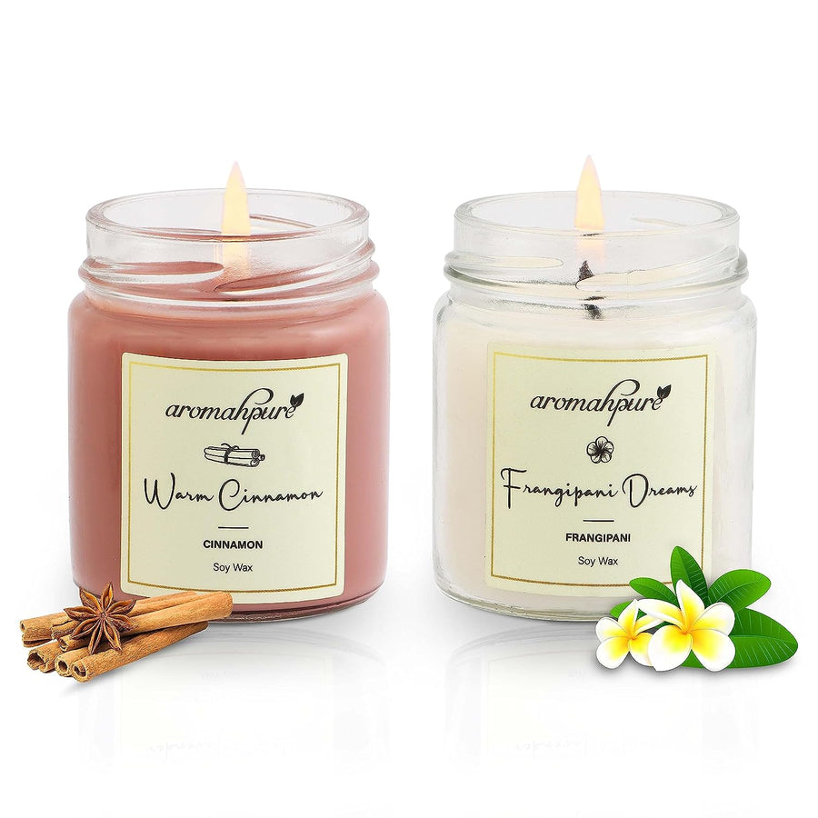 Soy Wax Round Jar 100ml Candles, 54 Hours Burning Time Guaranteed (Warm Cinnamon, Frangipani Dreams)