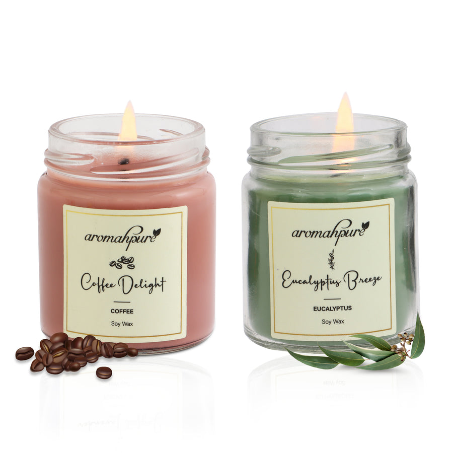 Soy Wax Round Jar 100ml Candles, 54 Hours Burning Time Guaranteed (Eucalyptus Breeze, Coffee Delight)
