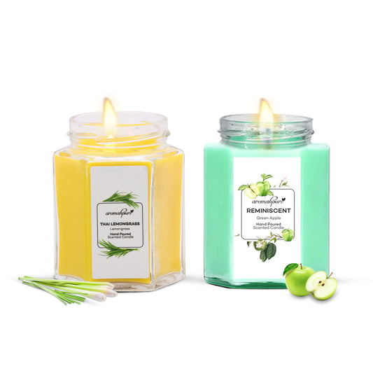 Aromahpure Soy Wax Hexa Jar Candle, 96 Hours Burning Time Guaranteed (Green Apple, Thai Lemongrass)