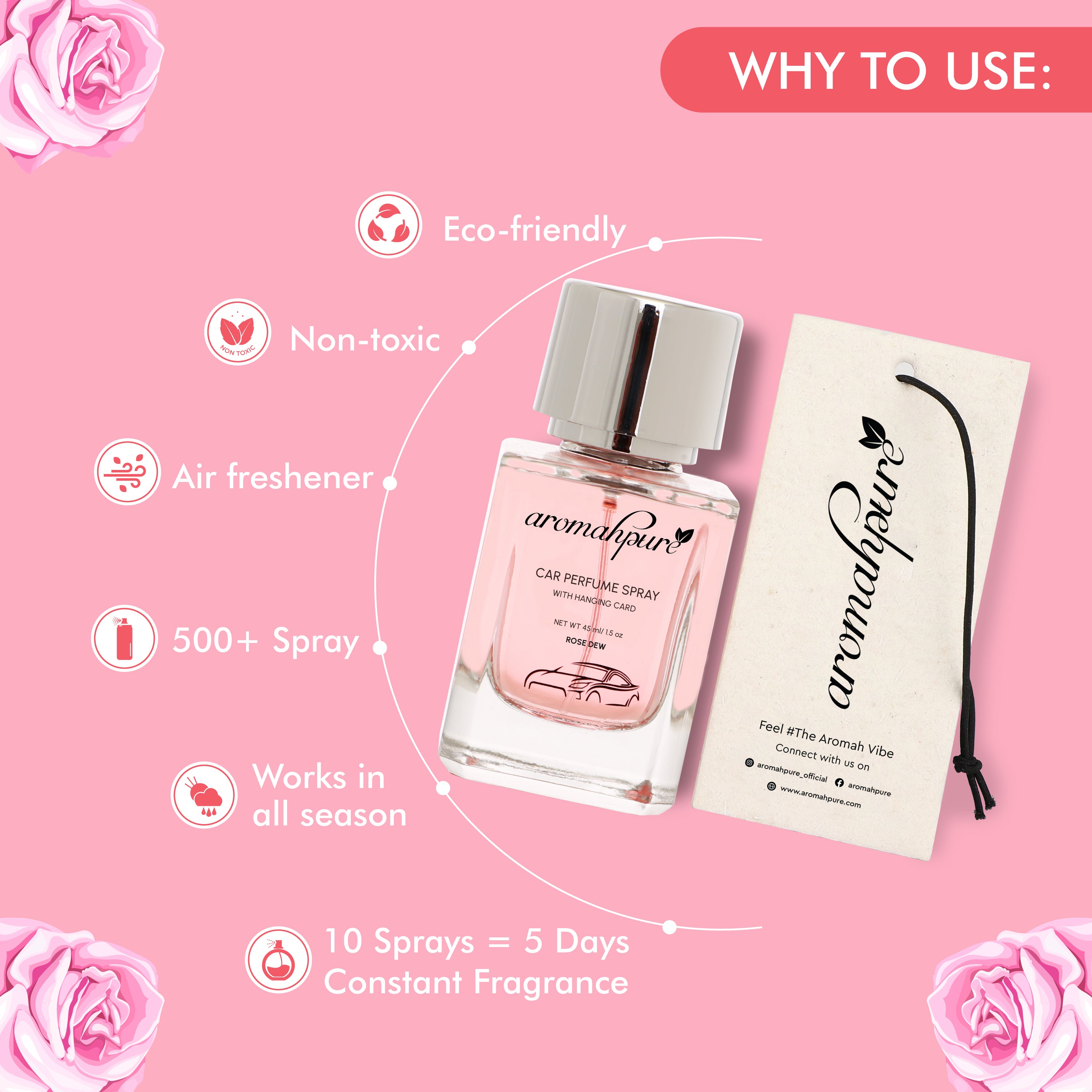 Aromahpure Floral Car Perfume Spray with Hanging Card (Rose Dew)