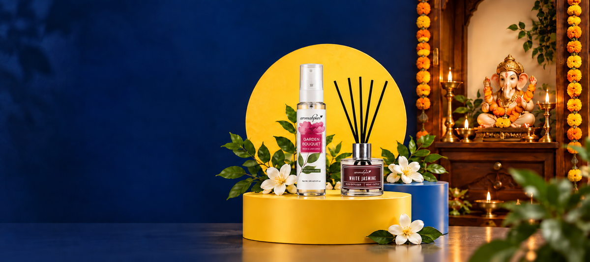 Ganesh Chaturthi home fragrance campaign setting with Bappa, marigolds and diyas