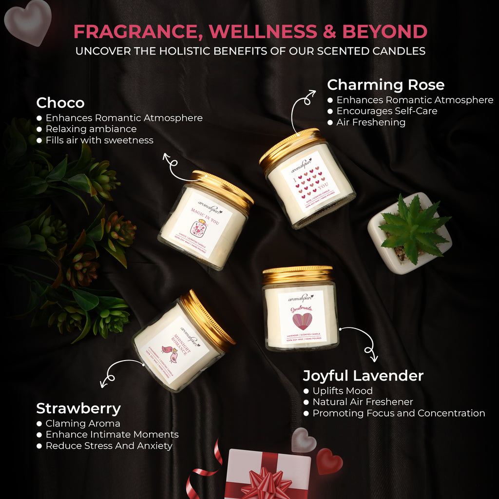 Aromahpure Soy Wax Jar Valentine Day Candles (Choco, Strawberry, Rose, Lavender)