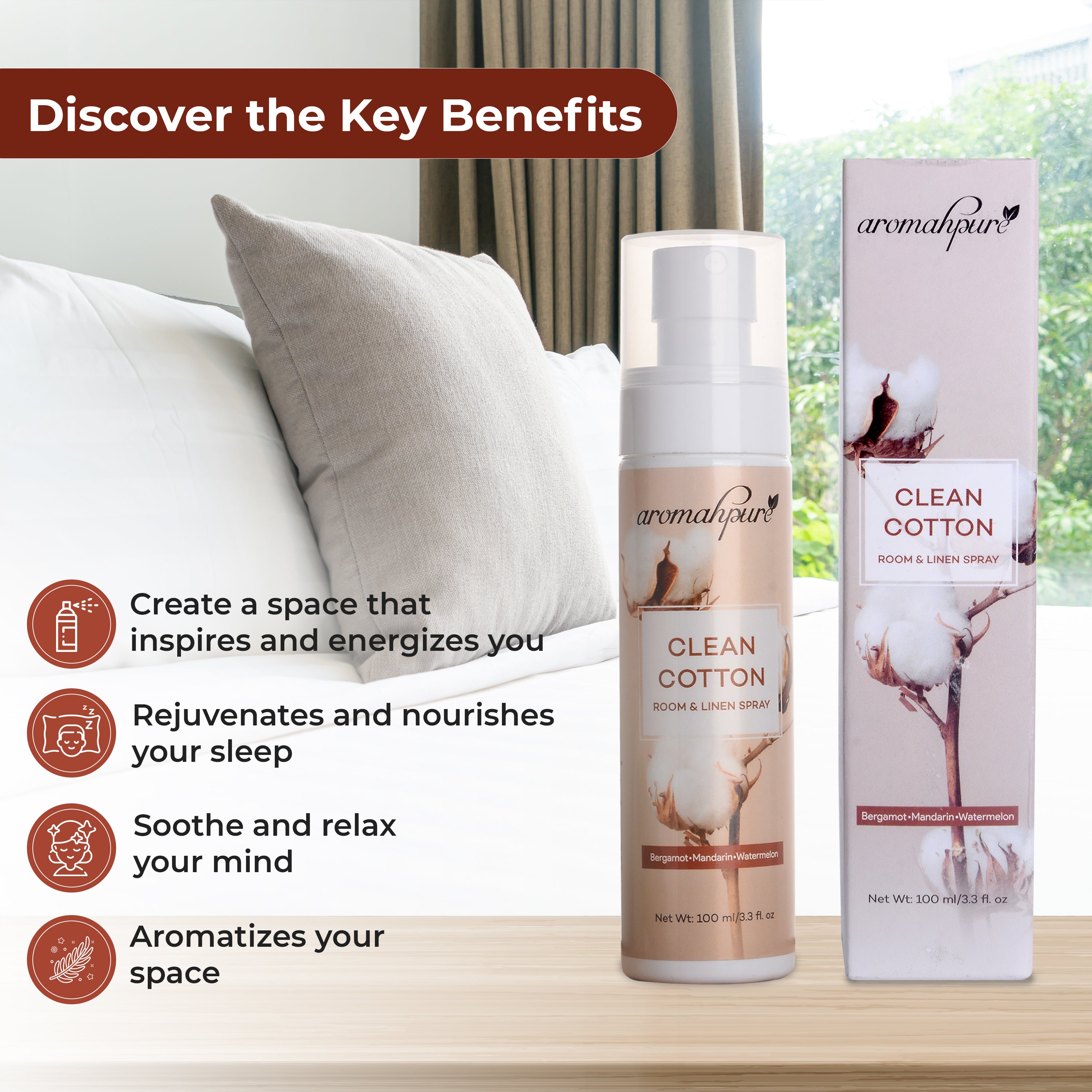 Aromahpure Linen Spray Clean Cotton key benefits