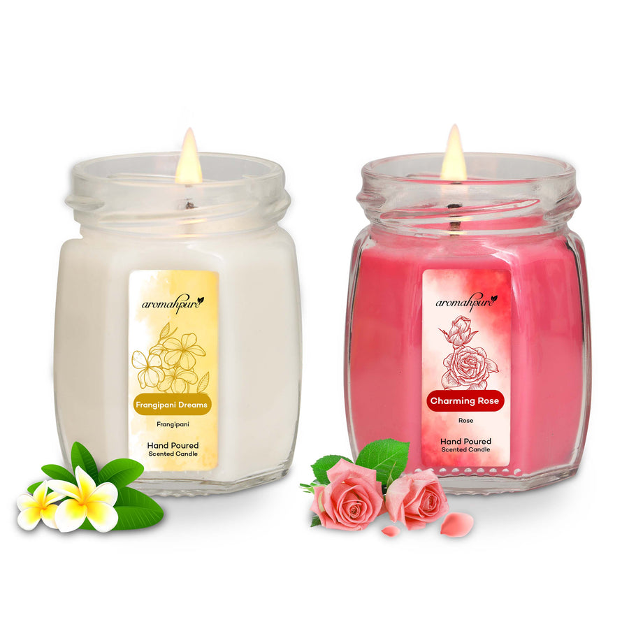 Soy Wax Small Octa Jar Candles, 50 Hours Burning Time Guaranteed | Frangipani Dreams & Charming Rose