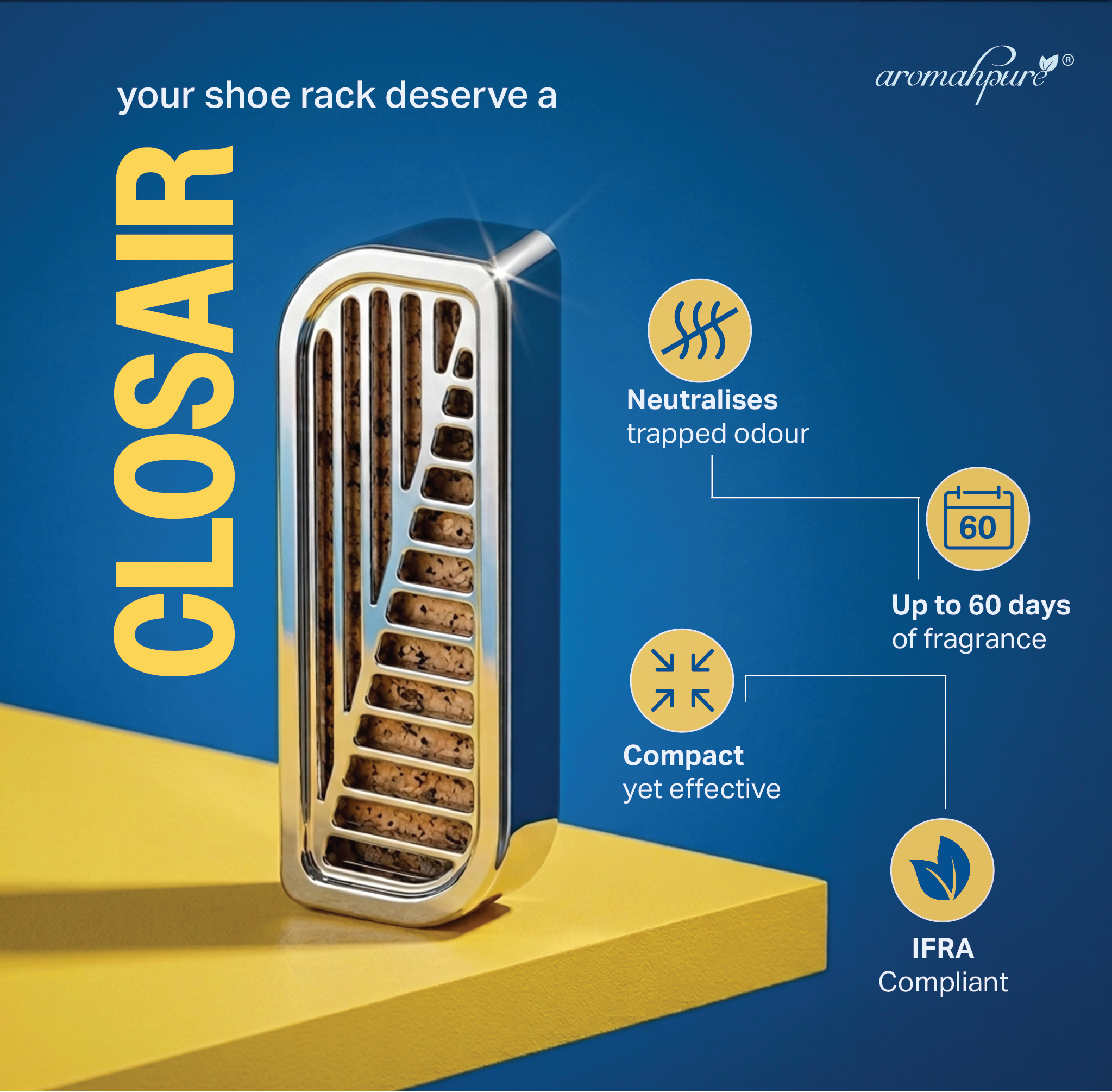 Closair shoe rack freshener that helps in neutralises odour, Compact & effective, Last up to 60 Days, & IFRA compliant