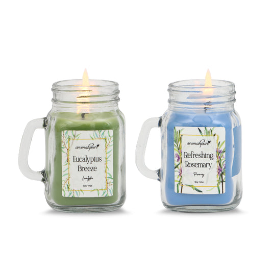 Aromahpure Soy Wax, Mason Jar Candles, 60 Hours Burning Time Gauranteed (Eucalyptus breeze, Refreshing rosemary)
