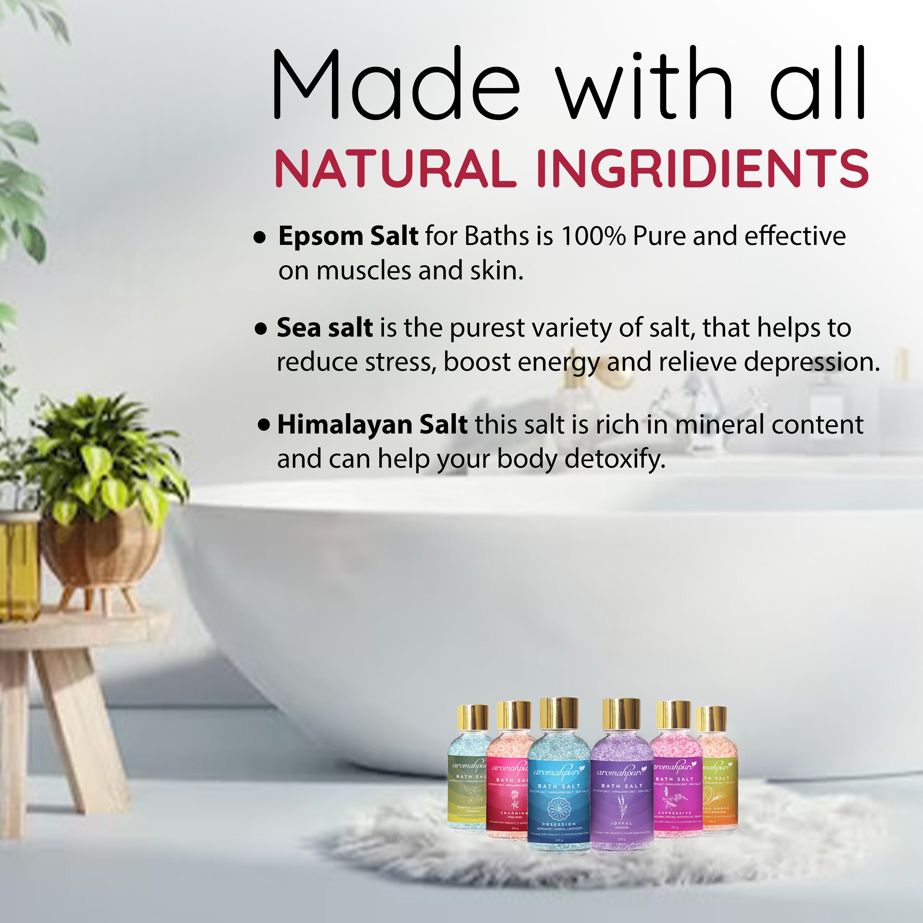 Aromahpure Bath Salt Set Packaging with Ingredients