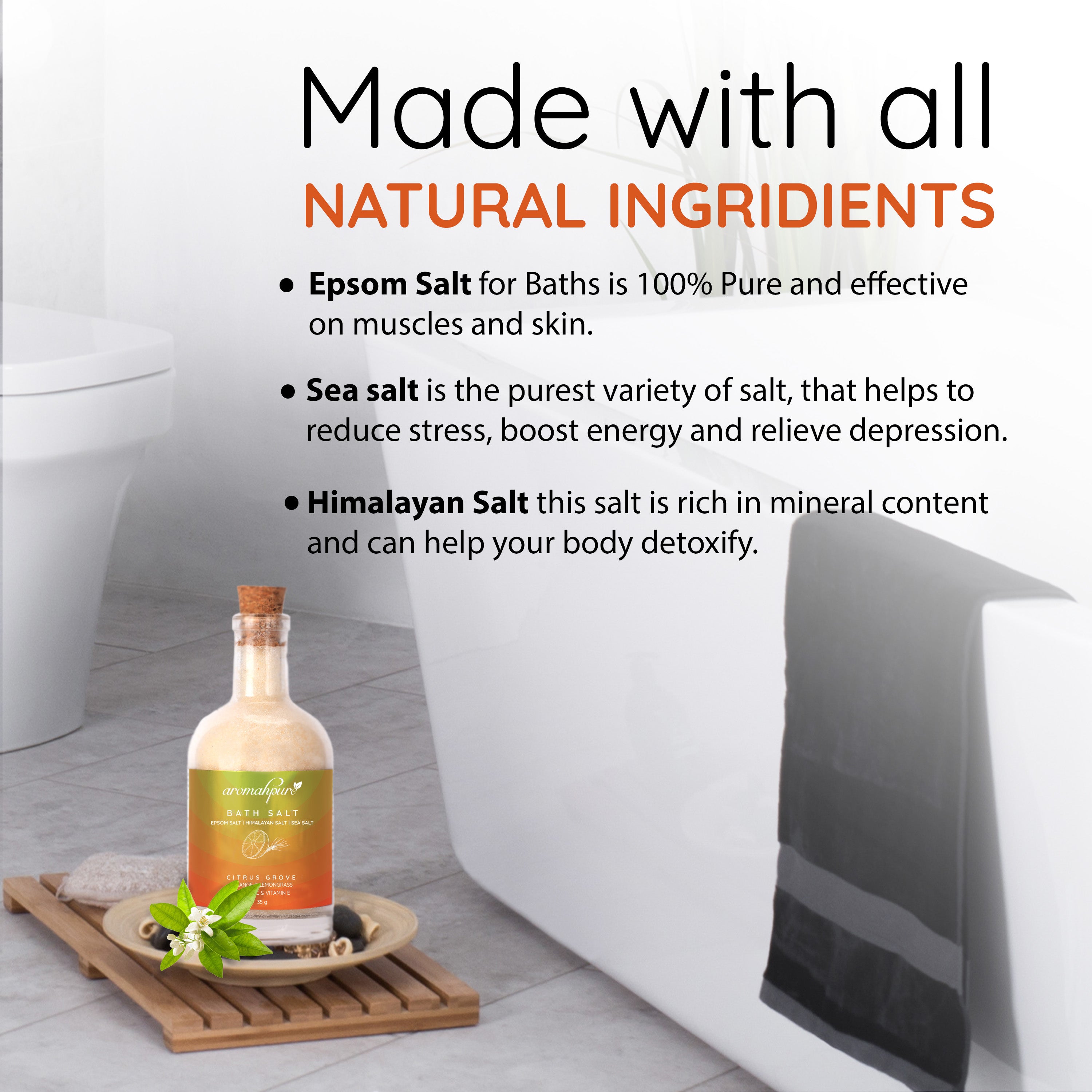 Aromahpure Bath Salt 250g Packaging with Ingredients
