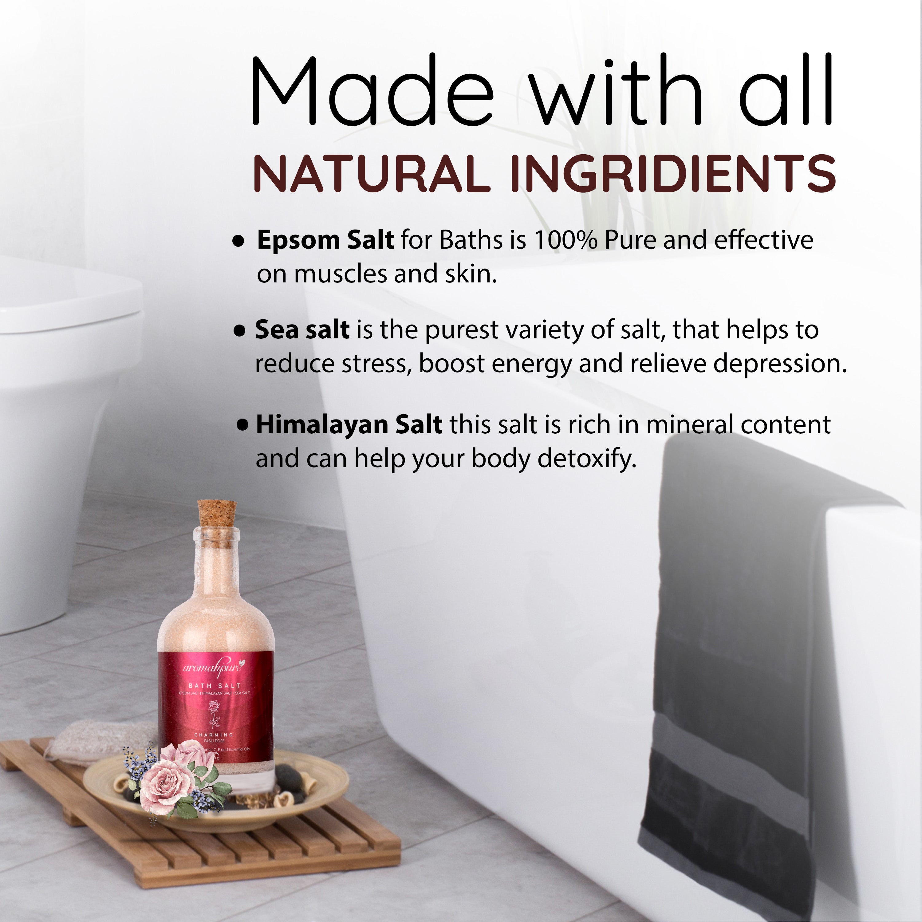 Aromahpure Bath Salt 250g Packaging with Ingredients