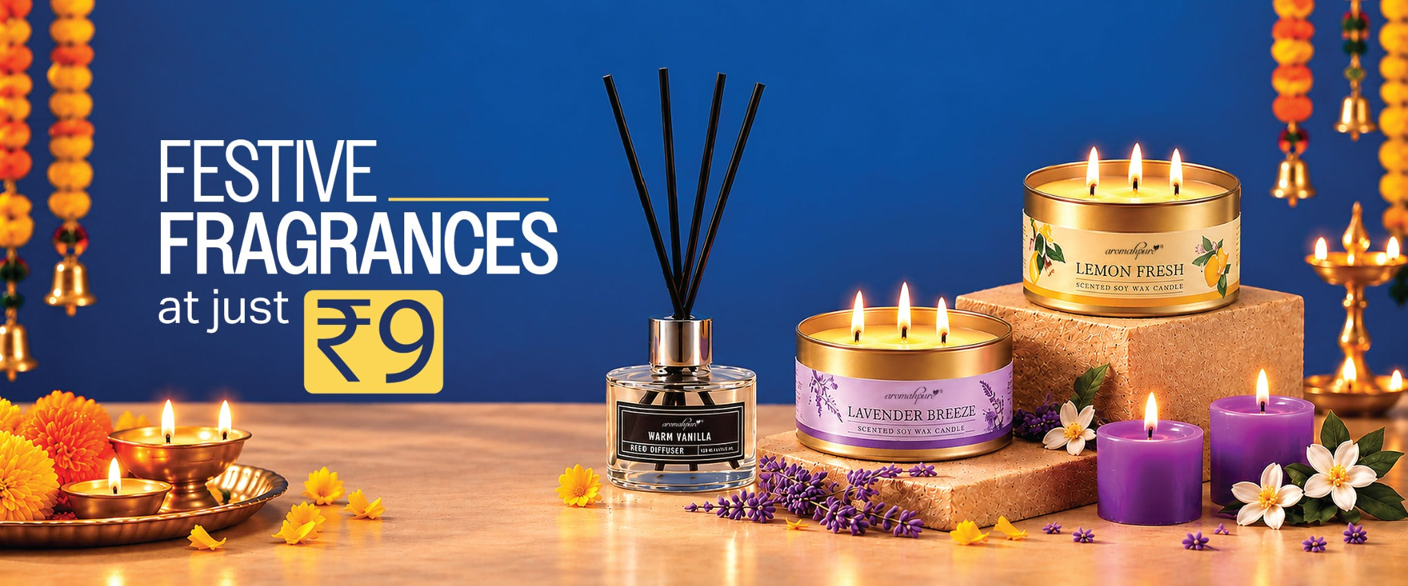 Navratri festive fragrances, reed diffusers and candles. Choose one candle for ₹9 on ₹599+ festive orders.